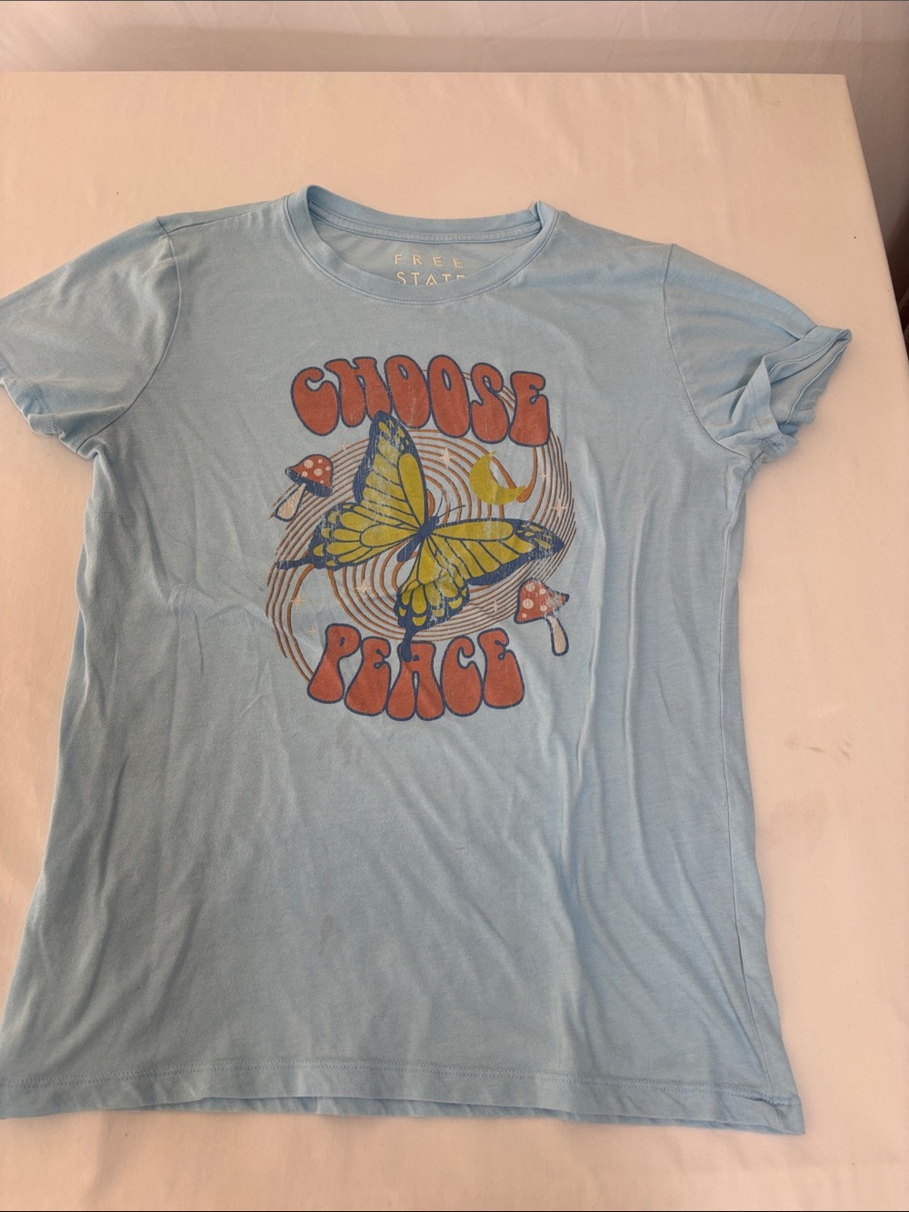 Free State Choose Peace Butterfly Graphic Tee Light Blue XL